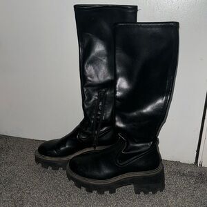 Chunky Black Knee High Faux Leather Boots